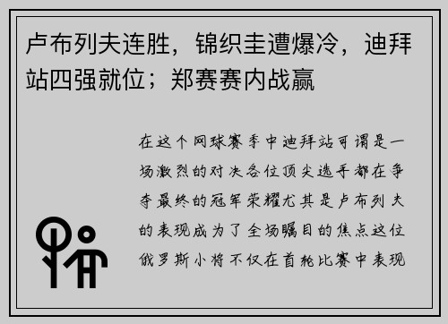 卢布列夫连胜，锦织圭遭爆冷，迪拜站四强就位；郑赛赛内战赢